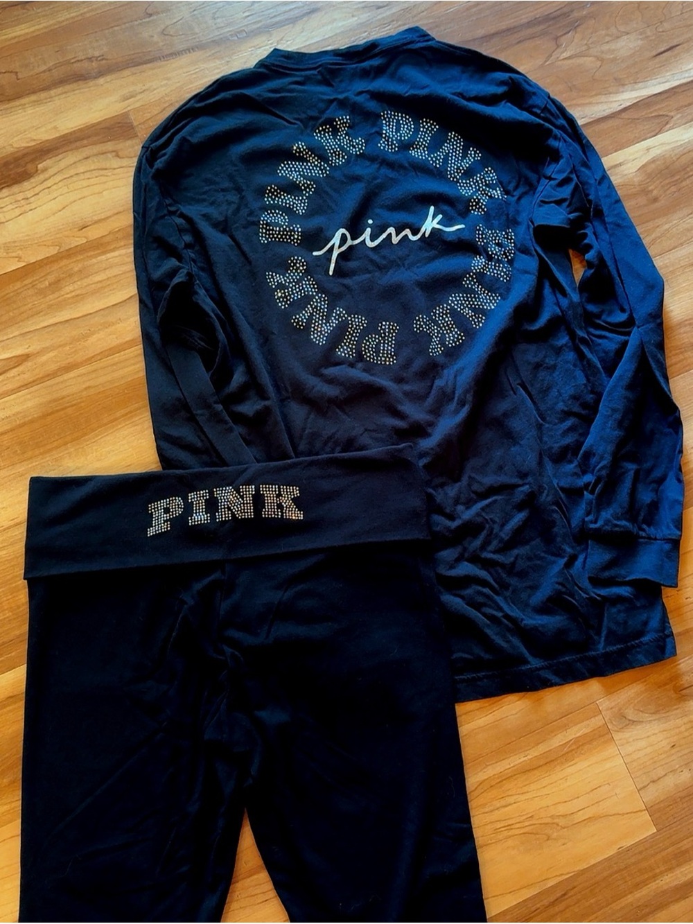 PINK Black Rhinestone Logo Long Sleeve Tee & Leggings Set